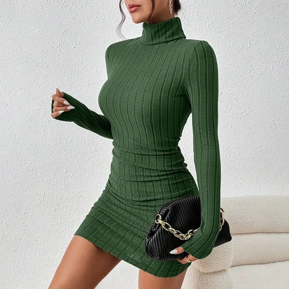 Womens Autumn Winter Turtleneck Long Sleeve Sexy Bodycon Knitted Mini Sheath Dress 9