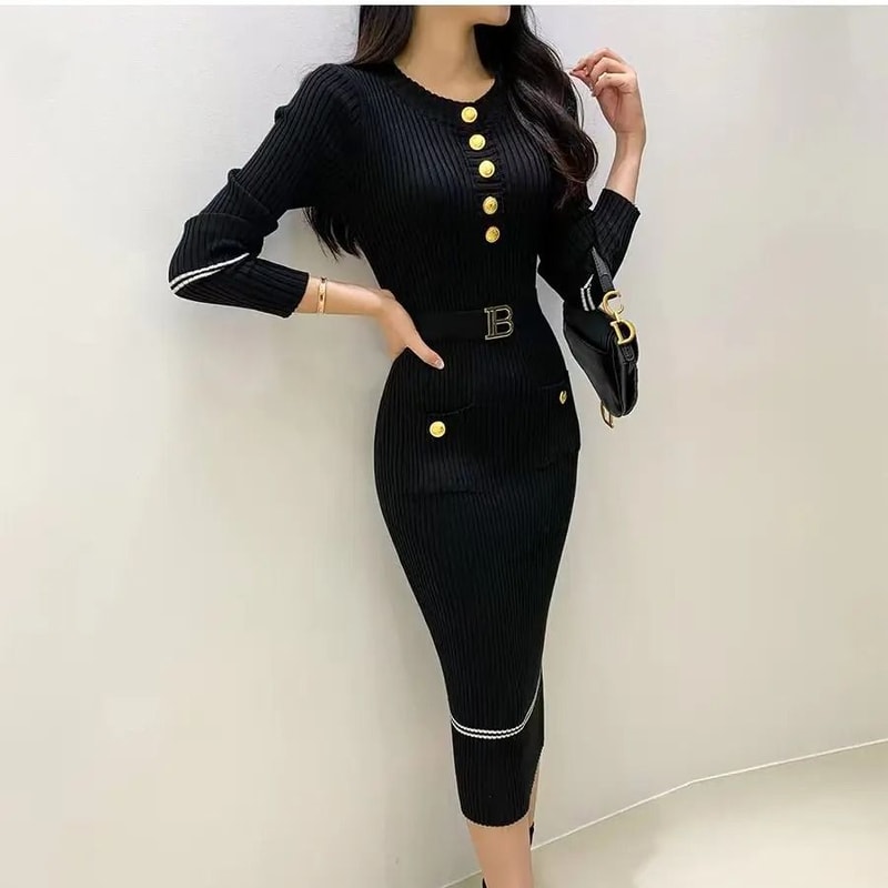 French Style Celebrity Temperament Round Collar Slim Bottom Wrap Hip Autumn Winter Dress 0
