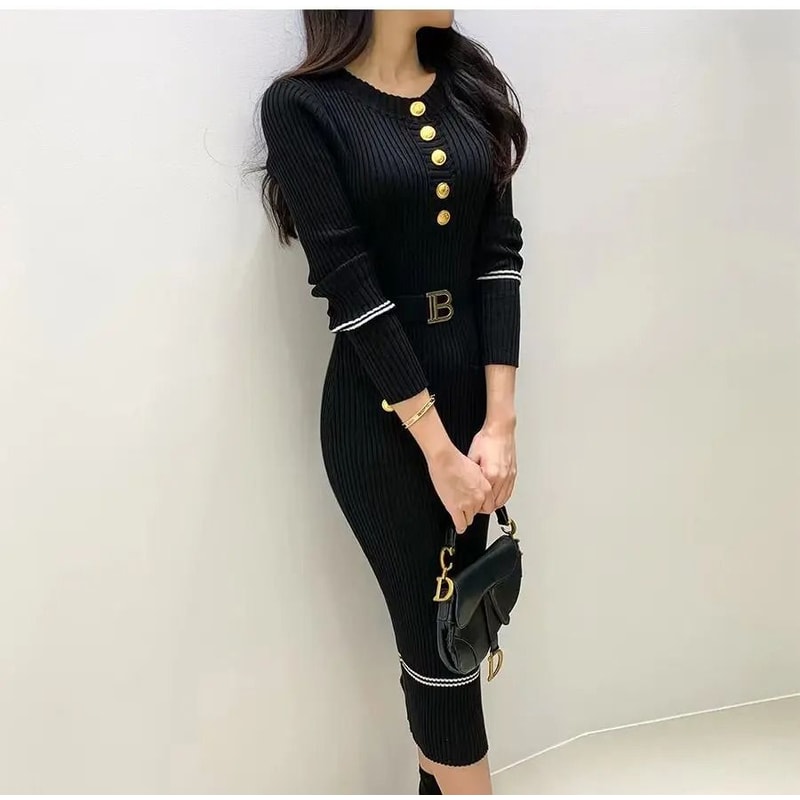 French Style Celebrity Temperament Round Collar Slim Bottom Wrap Hip Autumn Winter Dress 1