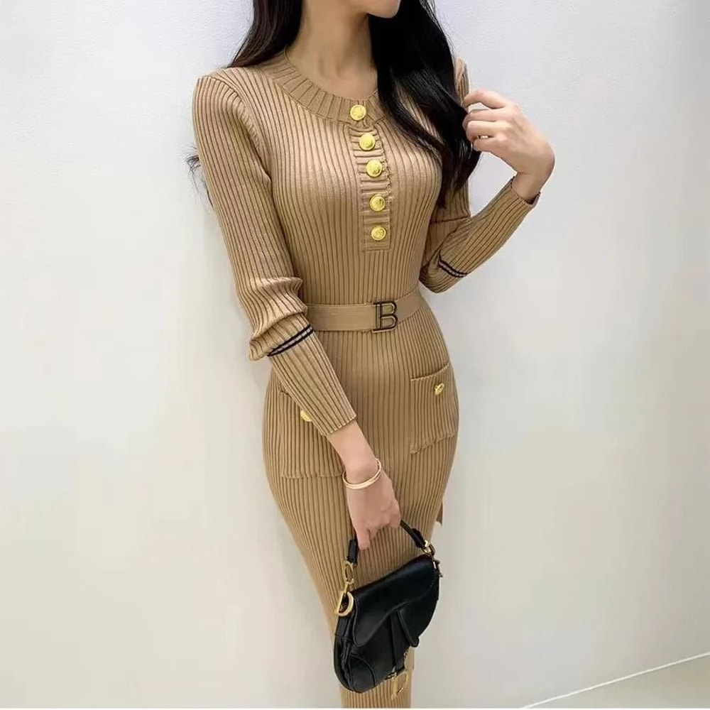 French Style Celebrity Temperament Round Collar Slim Bottom Wrap Hip Autumn Winter Dress 4
