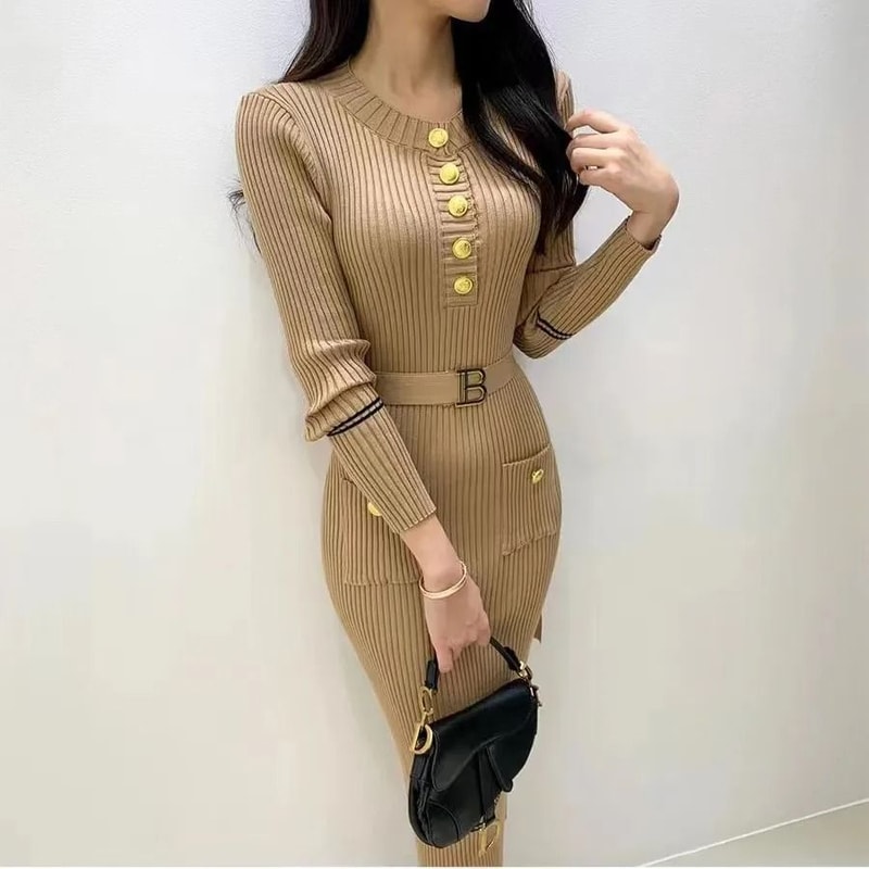 French Style Celebrity Temperament Round Collar Slim Bottom Wrap Hip Autumn Winter Dress 4