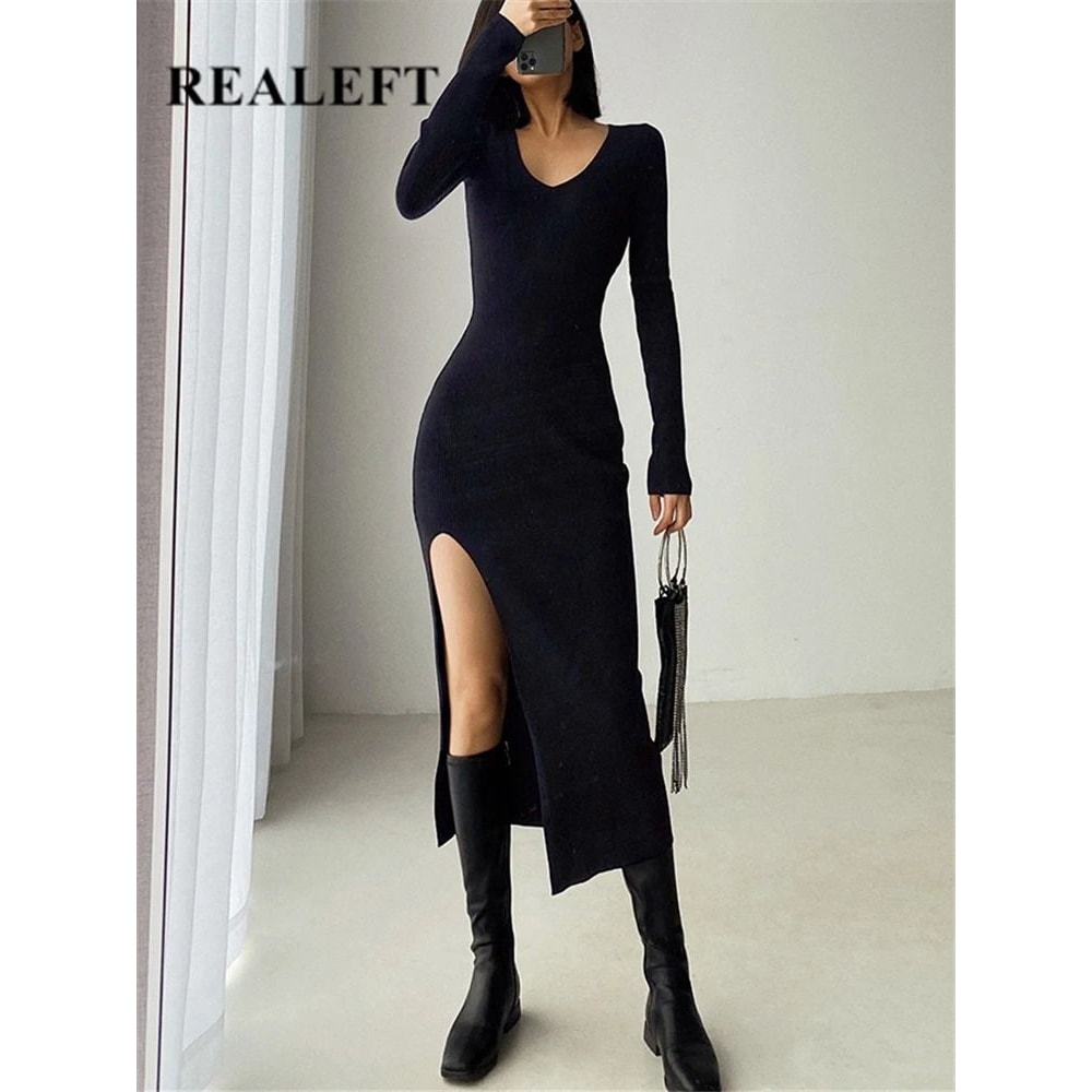 REALEFT Autumn Winter French Sexy Slit VNeck Slim TightFitting Wrap Sweater Dress 0