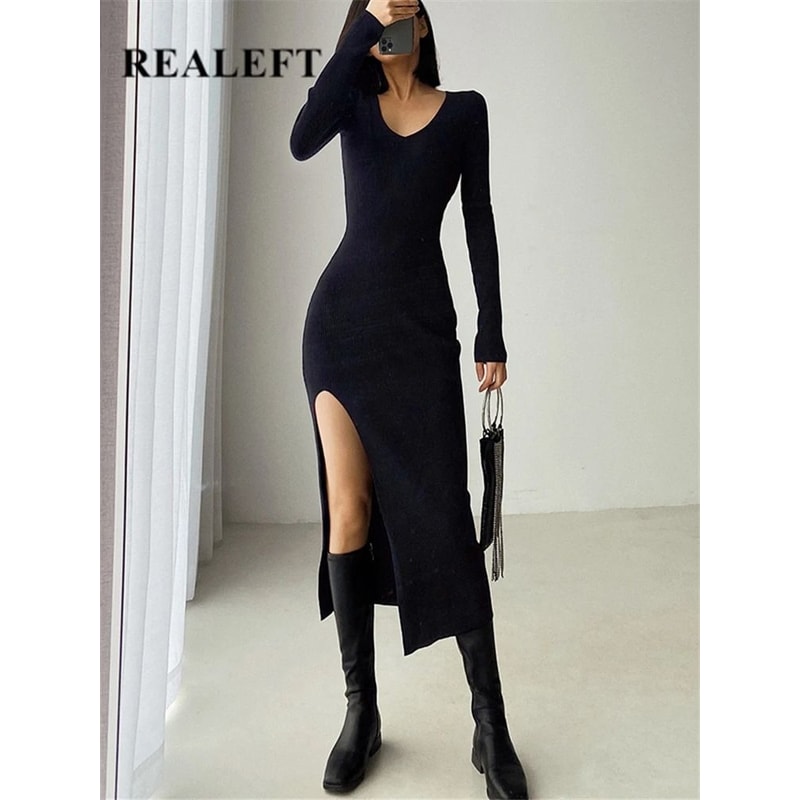 REALEFT Autumn Winter French Sexy Slit VNeck Slim TightFitting Wrap Sweater Dress 0