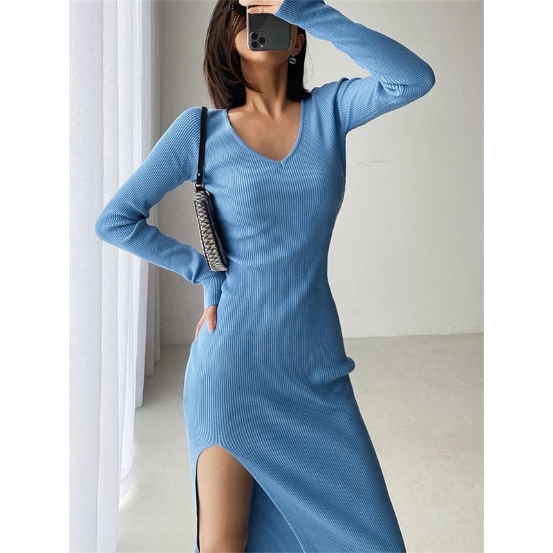 REALEFT Autumn Winter French Sexy Slit VNeck Slim TightFitting Wrap Sweater Dress 2