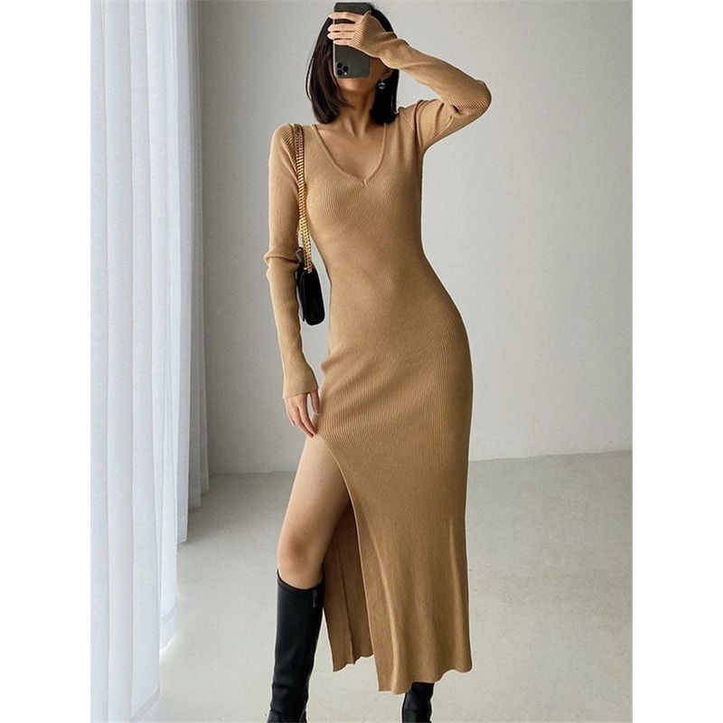 REALEFT Autumn Winter French Sexy Slit VNeck Slim TightFitting Wrap Sweater Dress 4