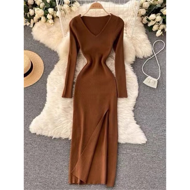 REALEFT Autumn Winter French Sexy Slit VNeck Slim TightFitting Wrap Sweater Dress 9