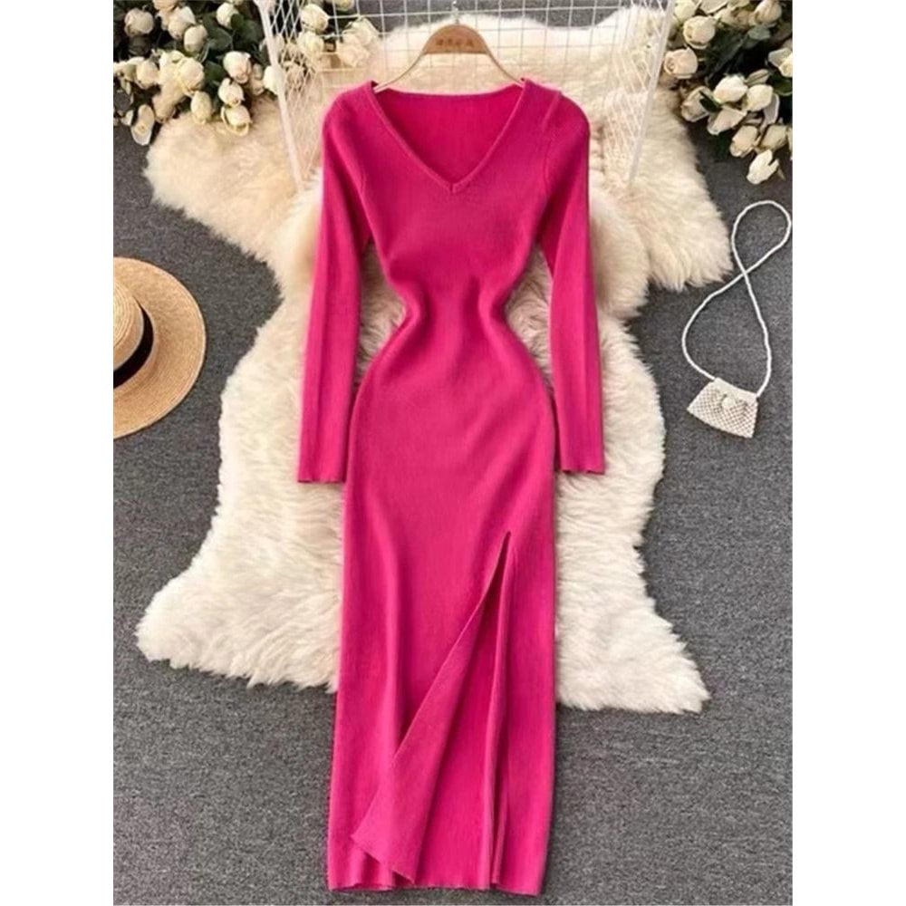 REALEFT Autumn Winter French Sexy Slit VNeck Slim TightFitting Wrap Sweater Dress 12