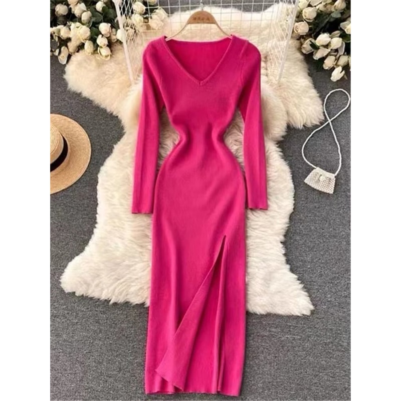 REALEFT Autumn Winter French Sexy Slit VNeck Slim TightFitting Wrap Sweater Dress 12