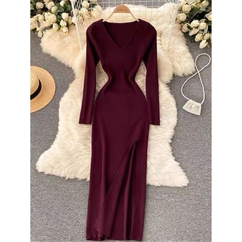 REALEFT Autumn Winter French Sexy Slit VNeck Slim TightFitting Wrap Sweater Dress 13