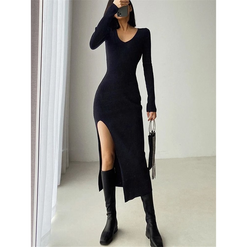 REALEFT Autumn Winter French Sexy Slit VNeck Slim TightFitting Wrap Sweater Dress 7