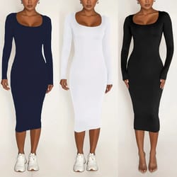 women's long sleeve u-neck party bodycon midi jumper dress stretch winter wrap