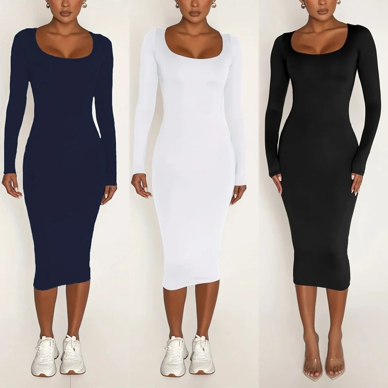 Womens Long Sleeve UNeck Party Bodycon Midi Jumper Dress Stretch Winter Wrap 0