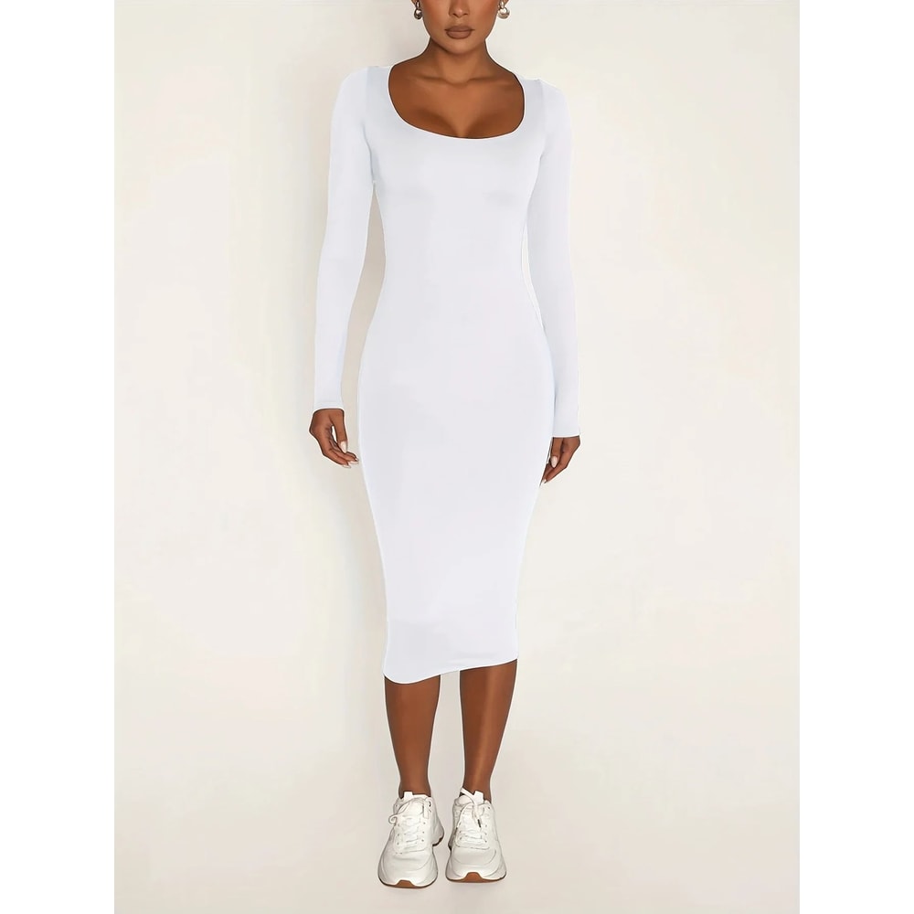 Womens Long Sleeve UNeck Party Bodycon Midi Jumper Dress Stretch Winter Wrap 1