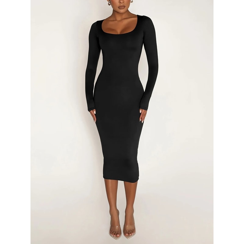 Womens Long Sleeve UNeck Party Bodycon Midi Jumper Dress Stretch Winter Wrap 7