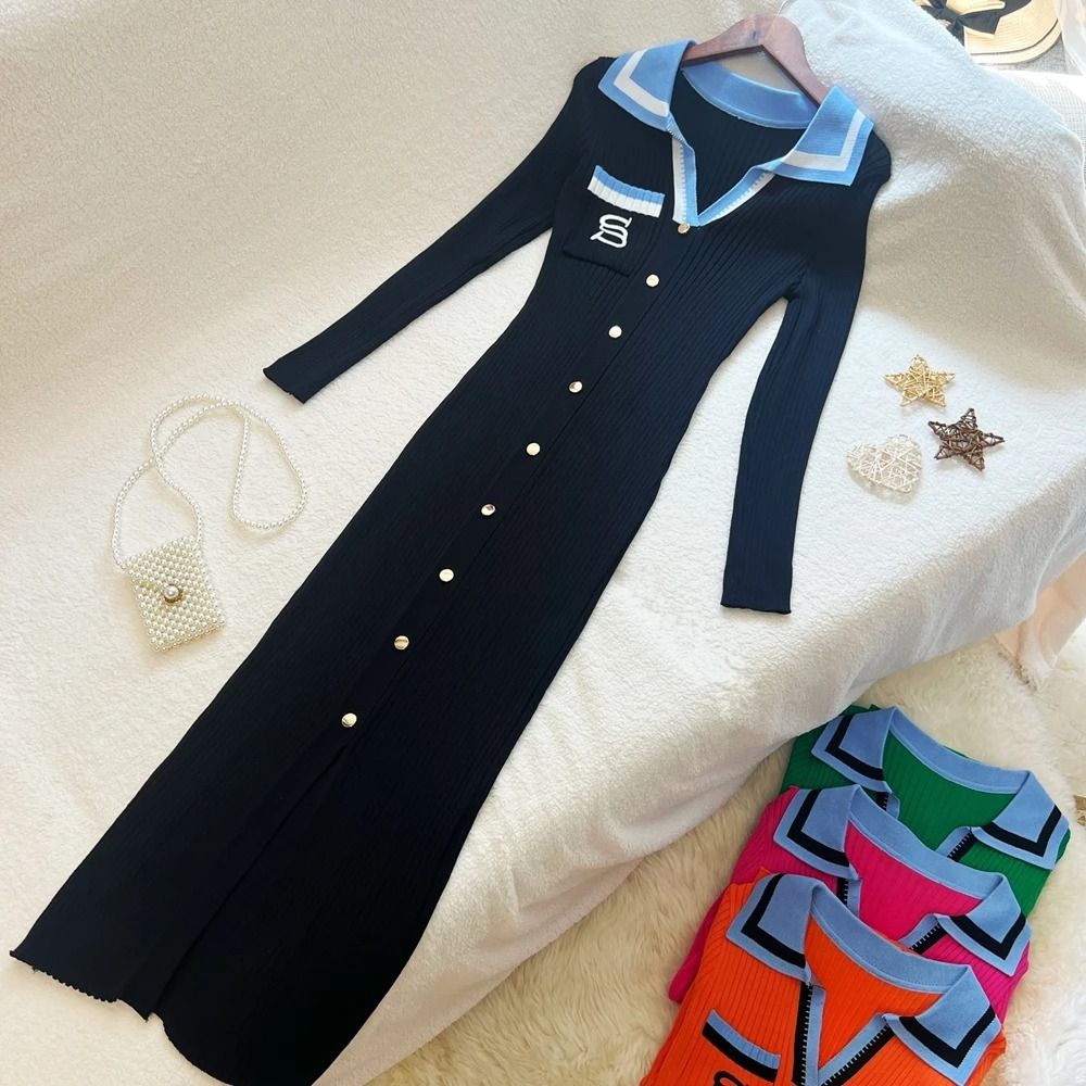 YuooMuoo Women Autumn Winter Y2K Embroidery Slim Elastic Long Sweater Dress Elegant Office Vestido 6