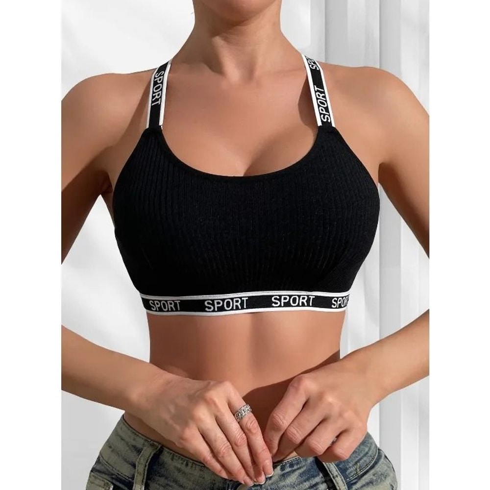 Letter Decor Sexy Ribbed Bra Breathable Athletic Camisole Vest 5