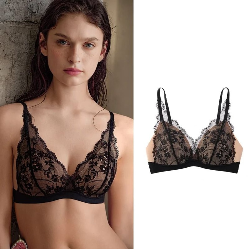 SUJIIN Sexy Push Up Lace Bra French Wireless Deep V Plunge Lingerie 7
