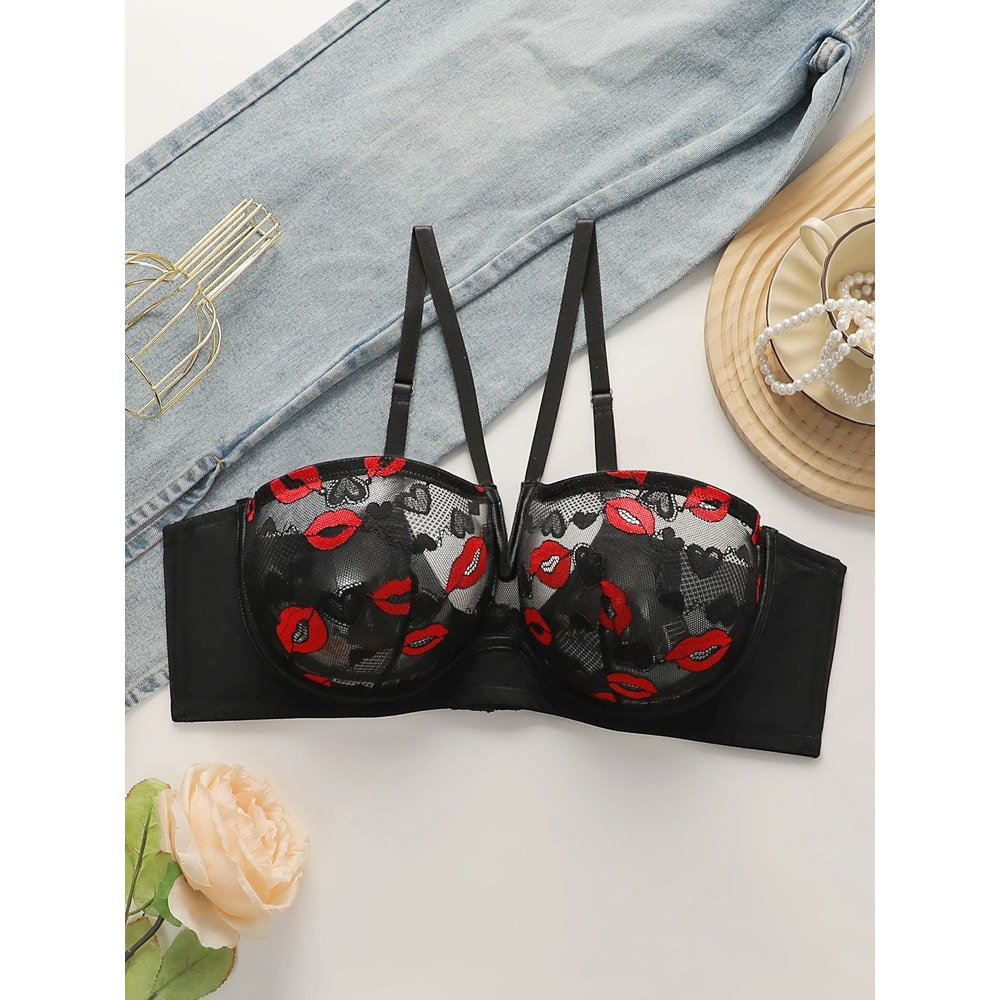 Sexy Red Lips Heart Lace Push Up Bra Deep V Hanging Neck Lingerie 0