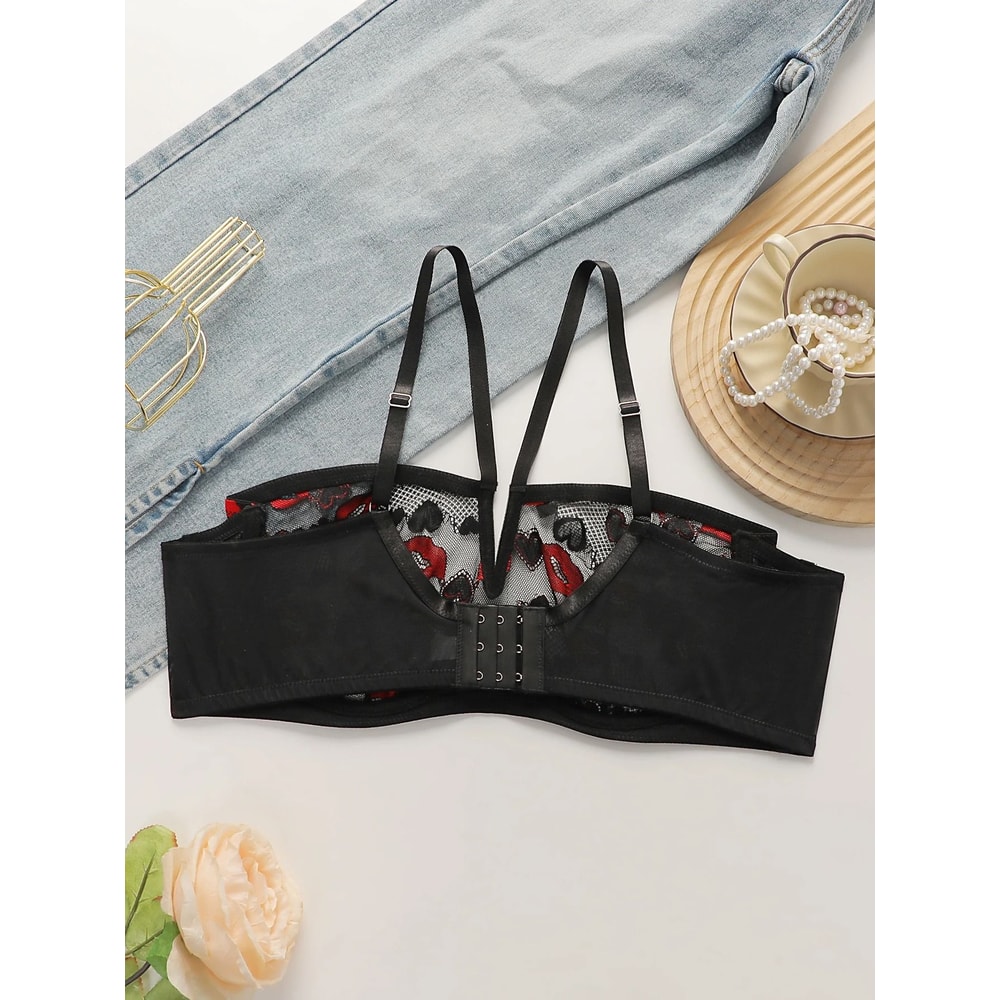 Sexy Red Lips Heart Lace Push Up Bra Deep V Hanging Neck Lingerie 1