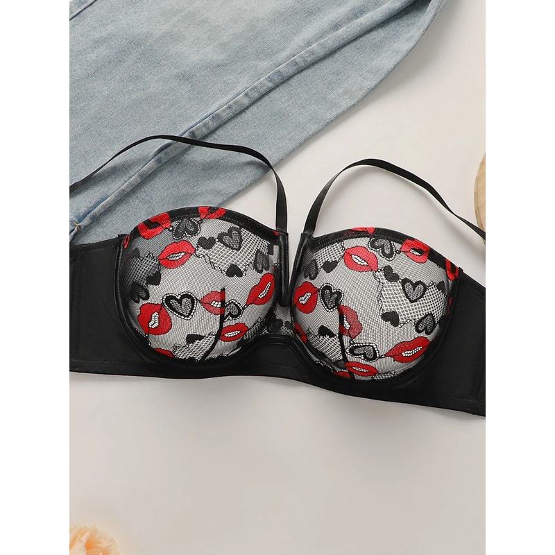Sexy Red Lips Heart Lace Push Up Bra Deep V Hanging Neck Lingerie 2