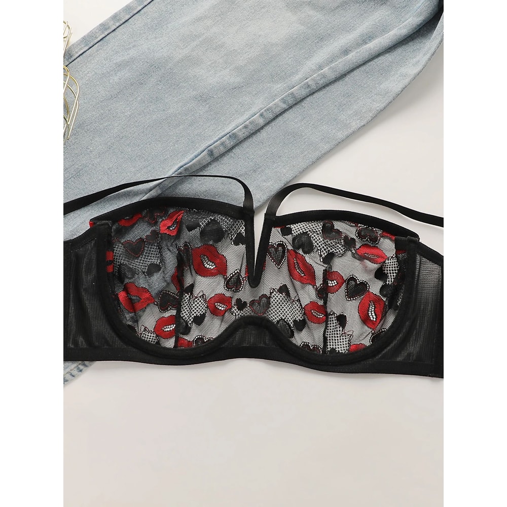 Sexy Red Lips Heart Lace Push Up Bra Deep V Hanging Neck Lingerie 3