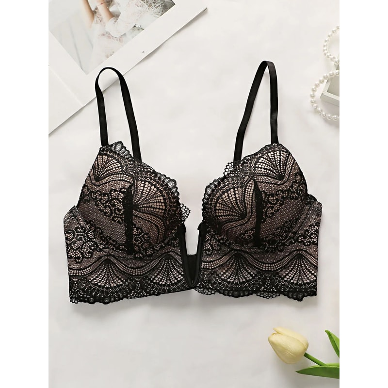 Women Sexy Lace VNeck Bra With Steel Ring Push Up Full Coverage Lingerie 4