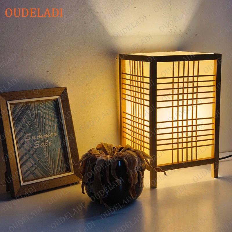 OUDELADI Japanese Zen Bamboo Wood Table Lamp Artisanal Tatami Decor 0