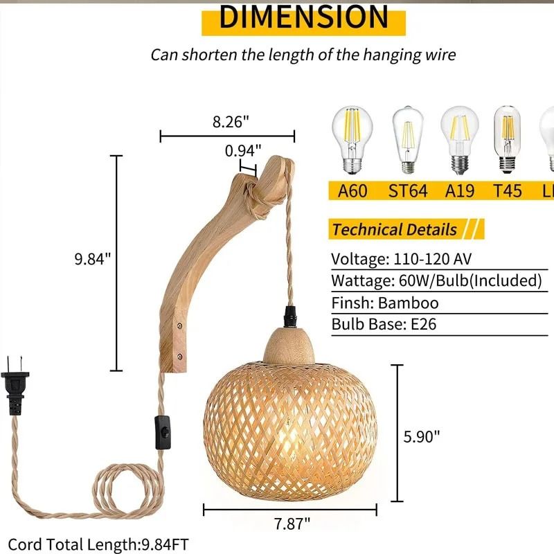 Bamboo Lantern Wall Lamp HandWoven Natural Rattan Wicker Light Fixture 6