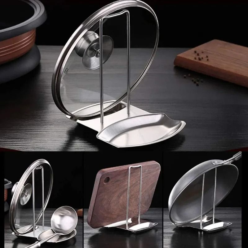 Stainless Steel Pan Pot Cover Stand Silver Soup Spoon Holder Drain Rack Stove Organizer 4