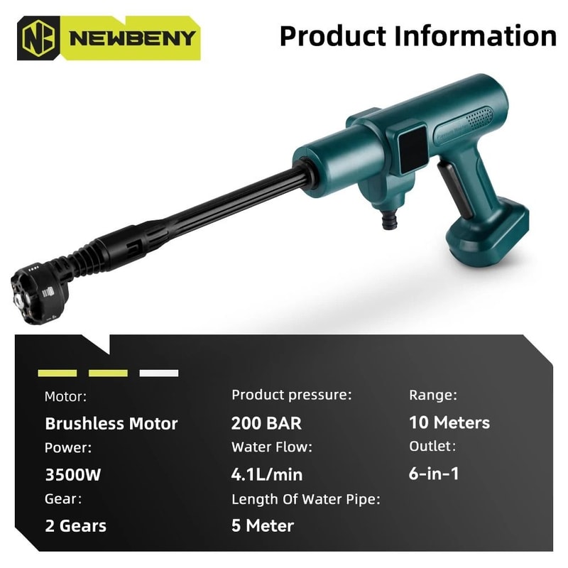 NEWBENY 200Bar Brushless High Pressure Car Washer 3500W Electric Water Spray Gun For Makita Batter 1