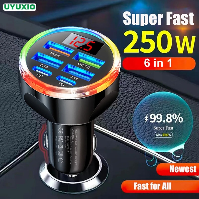 UYUXIO 6in1 Dual PD USBC Car Charger Super Fast Charge QC 40 PPS With Voltage Display Colorful Li 0