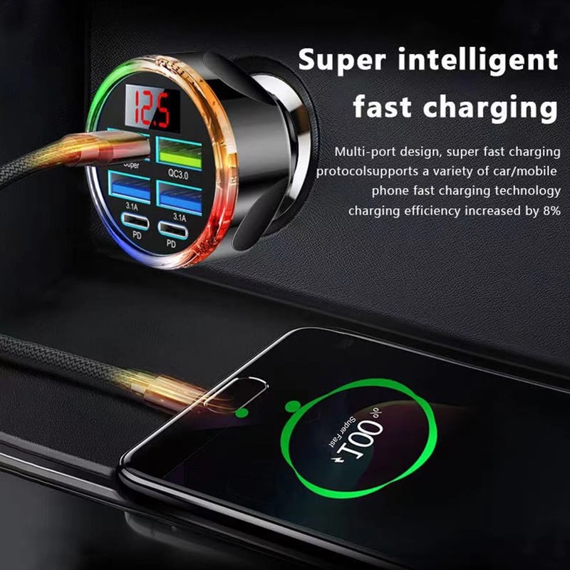 UYUXIO 6in1 Dual PD USBC Car Charger Super Fast Charge QC 40 PPS With Voltage Display Colorful Li 4