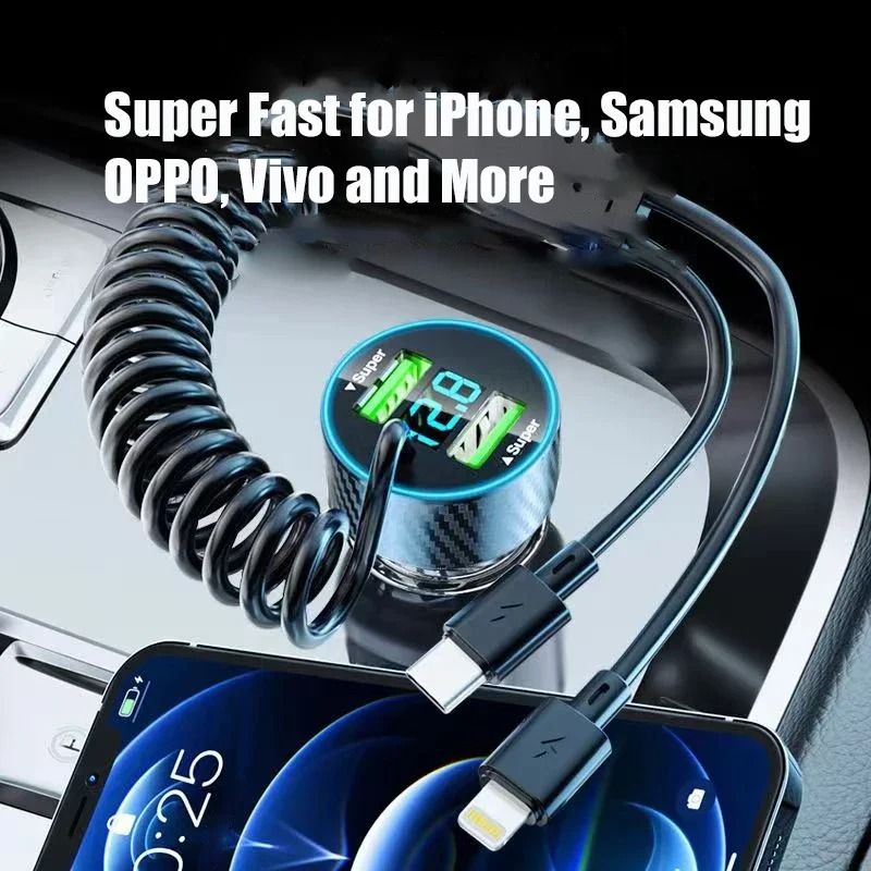 4in1 Retractable USB Car Charger Adapter Super Fast Charge With LED Voltage Monitor For IPhone Sa 1