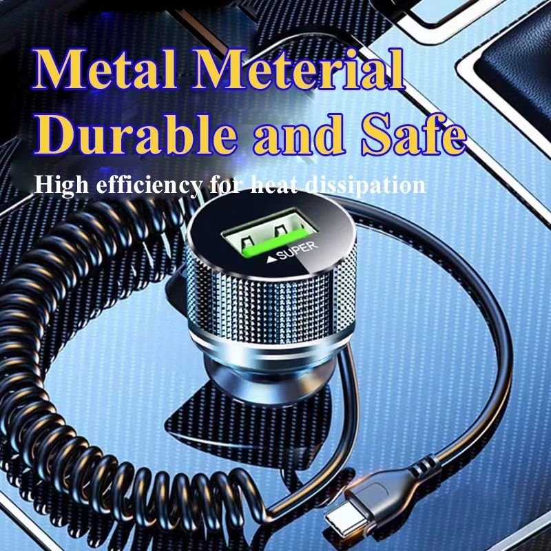 EDEBA Metal USB Car Charger 2in1 Super Fast Charging Vehicle Adapter With TypeC Cable 1