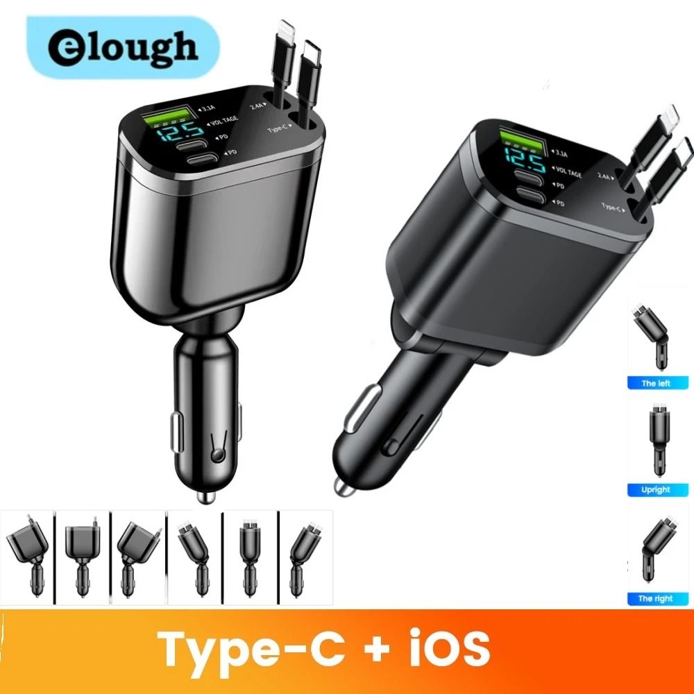 Elough 5in1 Retractable Car Charger Adapter Fast Charging TypeC Lightning For IPhone Samsung 0