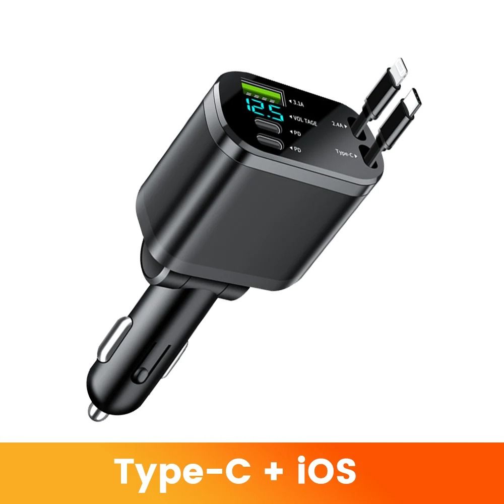 Elough 5in1 Retractable Car Charger Adapter Fast Charging TypeC Lightning For IPhone Samsung 6