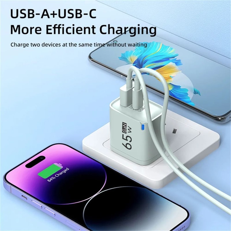 65W DualPort USBA USBC Fast Charger PD Quick Travel Adapter For IPhone Samsung Xiaomi 2