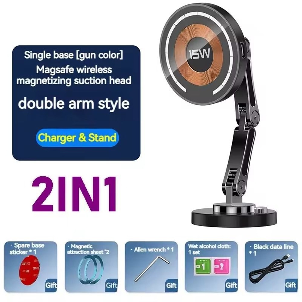 15W Magnetic Car Wireless Charger 360 Rotating Metal Foldable Stand For IPhone 15 14 13 12 Samsun 10