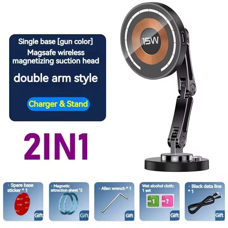 15W Magnetic Car Wireless Charger 360 Rotating Metal Foldable Stand For IPhone 15 14 13 12 Samsun 10