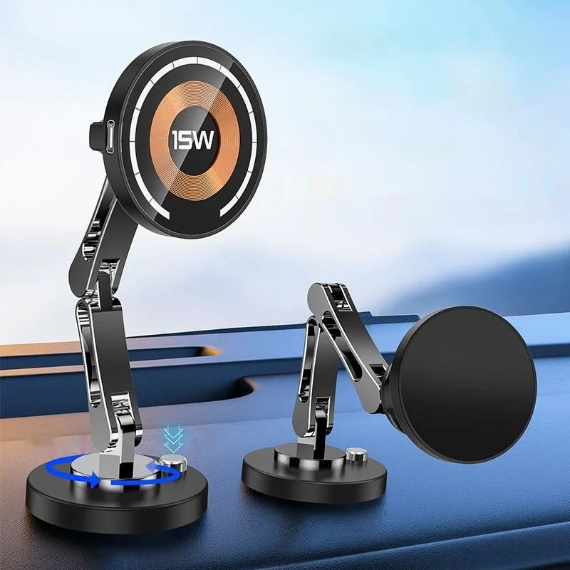 15W Magnetic Car Wireless Charger 360 Rotating Metal Foldable Stand For IPhone 15 14 13 12 Samsun 0