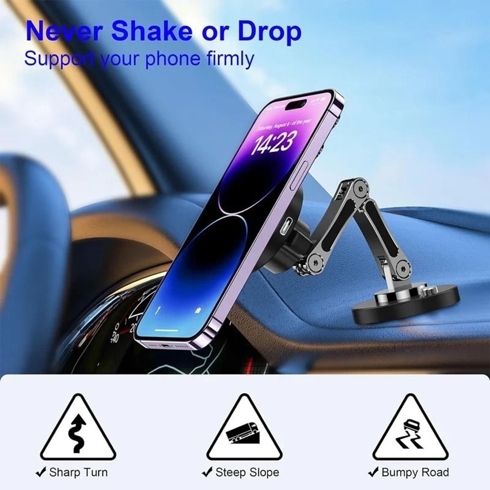 15W Magnetic Car Wireless Charger 360 Rotating Metal Foldable Stand For IPhone 15 14 13 12 Samsun 4
