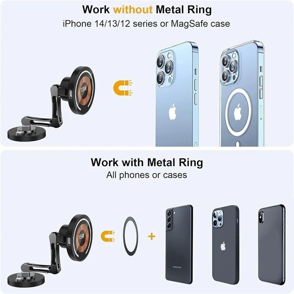 15W Magnetic Car Wireless Charger 360 Rotating Metal Foldable Stand For IPhone 15 14 13 12 Samsun 5