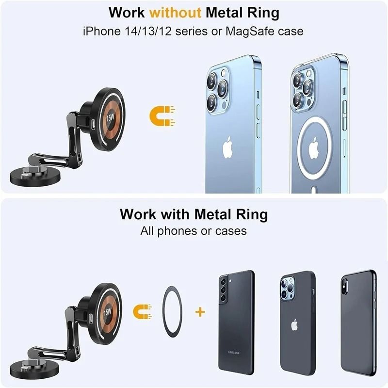 15W Magnetic Car Wireless Charger 360 Rotating Metal Foldable Stand For IPhone 15 14 13 12 Samsun 5