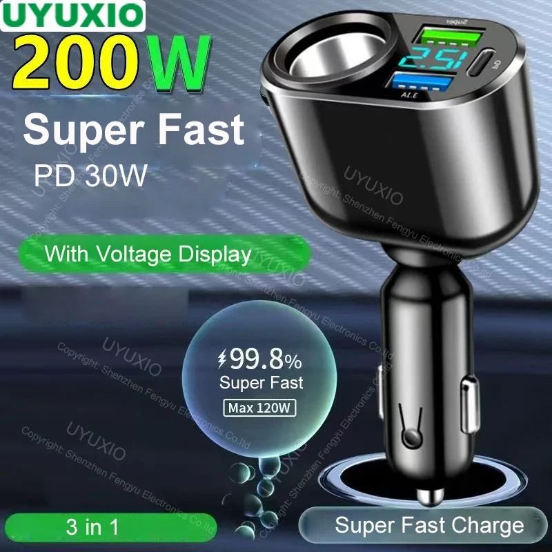 UYUXIO MultiPort USBC Car Charger Adapter Super PD 30W Fast Charge With Voltage Display Extension 0