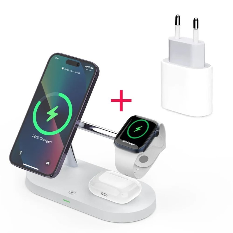 3in1 Magnetic Wireless Charger Stand Fast Charging Station For IPhone 15 14 13 12 Apple Watch Air 9