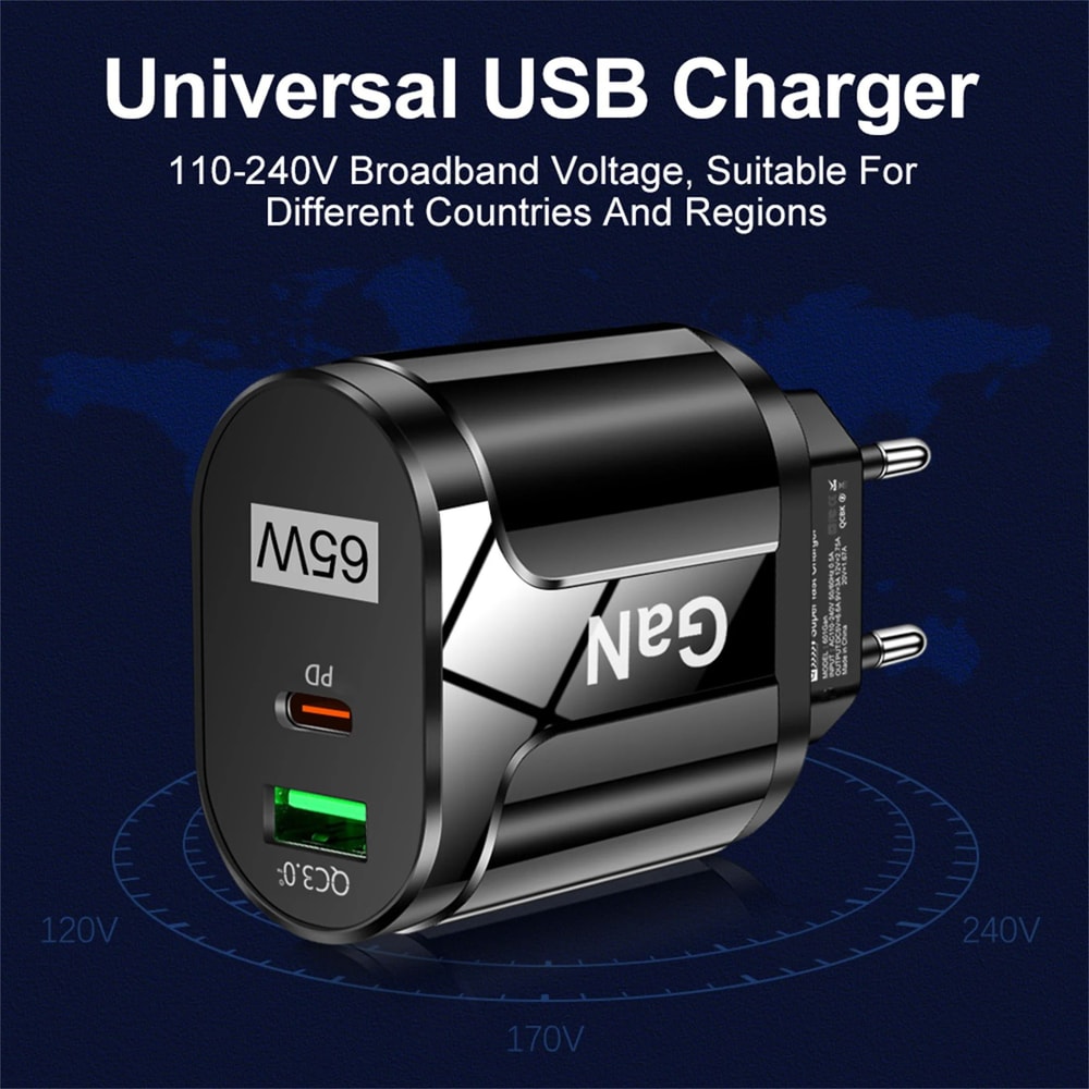 GaN 65W PD USB TypeC Wall Charger HighEfficiency Quick Charge Adapter With EUUS Plug Options 5