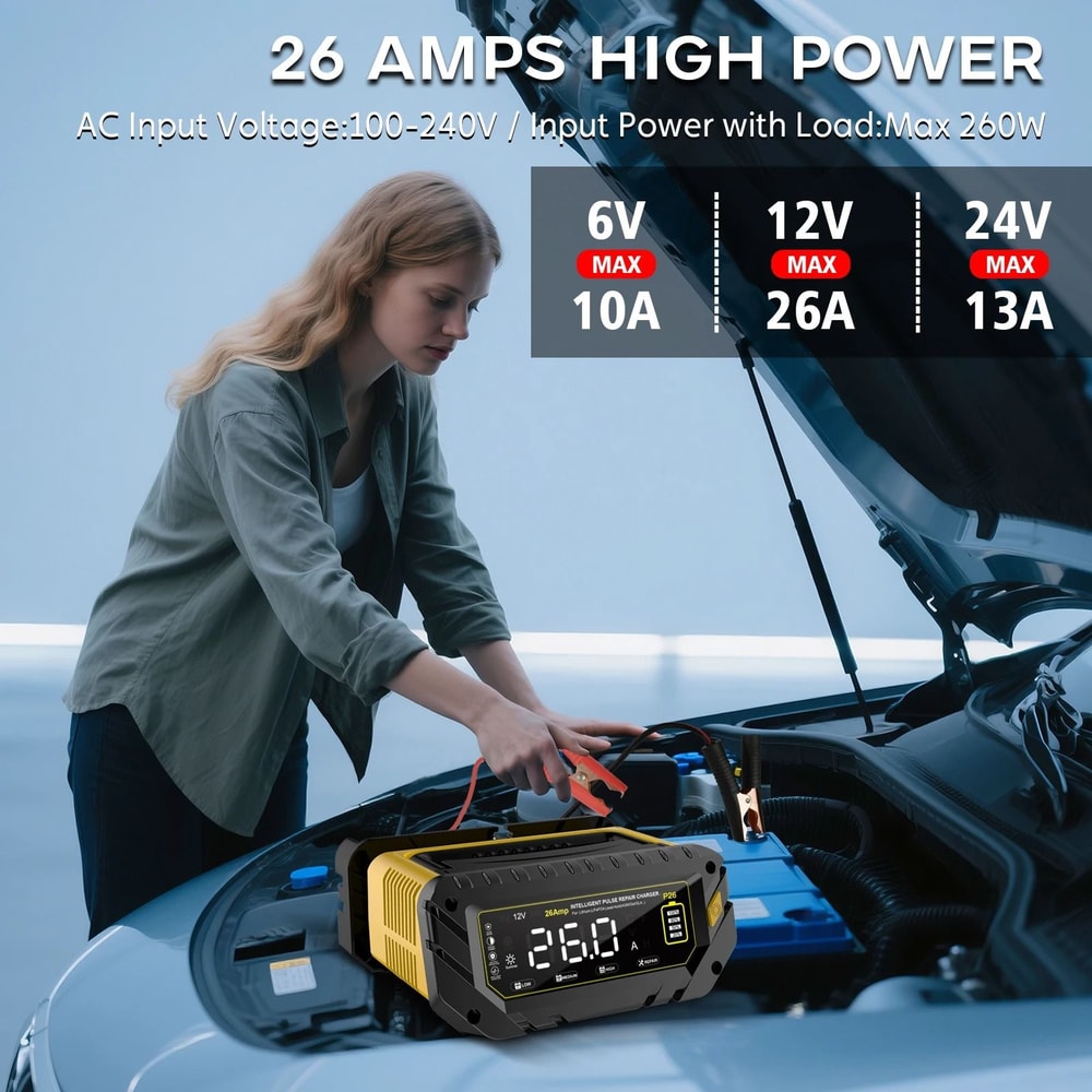 Intelligent 26A MultiVoltage Battery Charger 6V12V24V Smart Repair For Lithium LiFePO4 LeadAcid 1