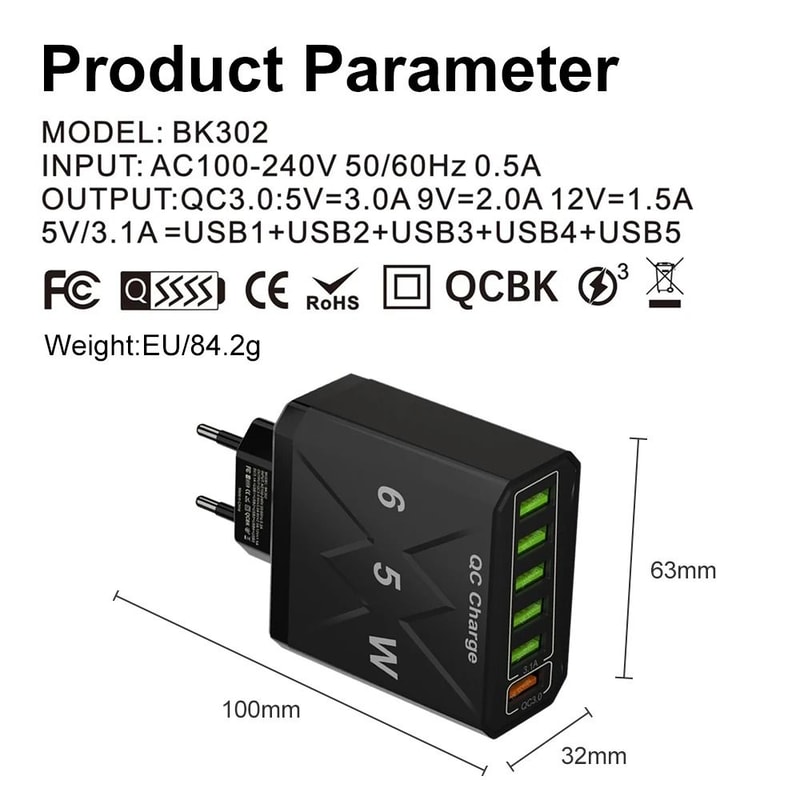 Vumpach 6Port USB Fast Charger Quick Charge 30 Wall Adapter With Global EUUSUKKR Plug Options 4