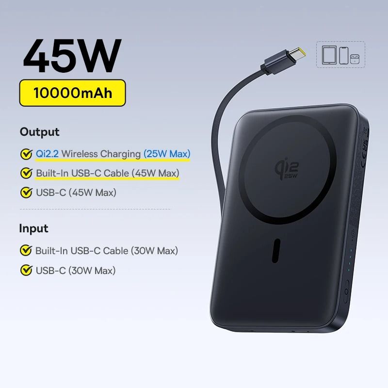 Baseus Qi2 Magnetic Power Bank 10000mAh 15W Wireless 225W Wired Fast Charger For IPhone 16 15 14 9