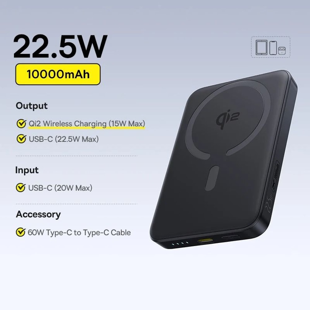 Baseus Qi2 Magnetic Power Bank 10000mAh 15W Wireless 225W Wired Fast Charger For IPhone 16 15 14 6